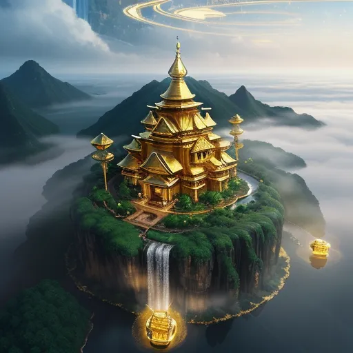 4k photos converter - a floating island with a waterfall and a golden building on it in the middle of the ocean with a waterfall in the middle of the island, by Cyril Rolando