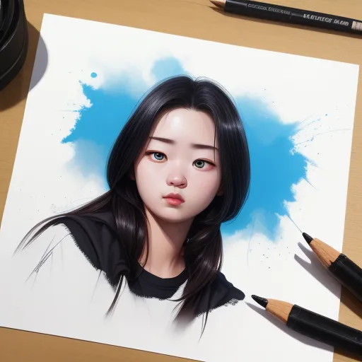 ai-generated images - a drawing of a girl with blue eyes and a black hoodie with a pencil in her hand and a blue background, by Daniela Uhlig