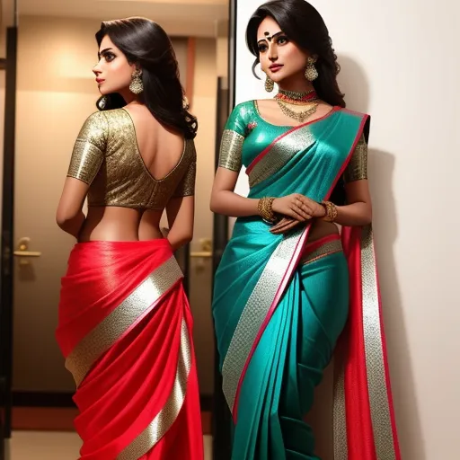 high resolution image - two women in sari standing next to each other in a hallway with a door behind them and a mirror behind them, by Raja Ravi Varma