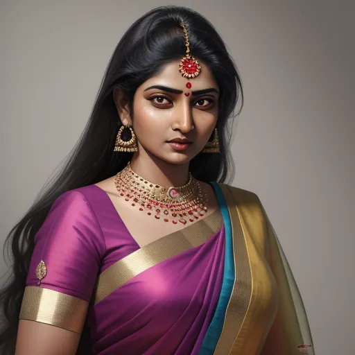 best text to image ai - a woman in a purple and gold sari with a red necklace and earrings on her head and a gold necklace on her neck, by Raja Ravi Varma