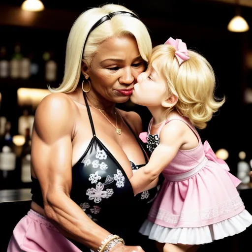 a woman and a little girl are kissing in a bar together, one of them is wearing a pink and white swimsuit, by David LaChapelle