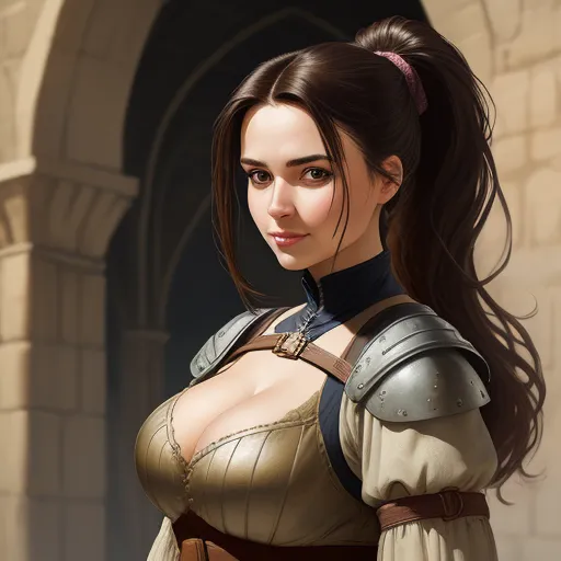 high-res image: medieval adventurer woman, smirk, cleavage, big