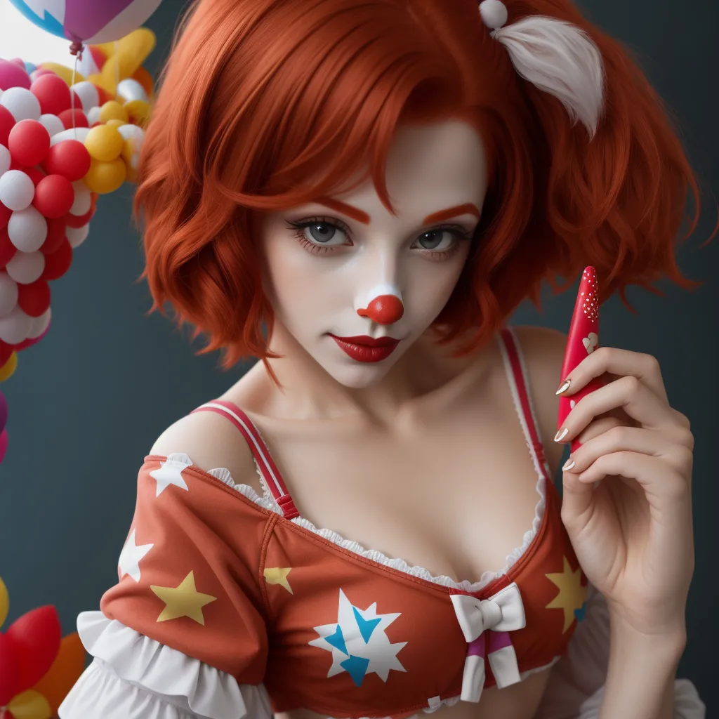 a woman with red hair and clown makeup holding a red pen and a balloon arch with a red nose, by Daniela Uhlig