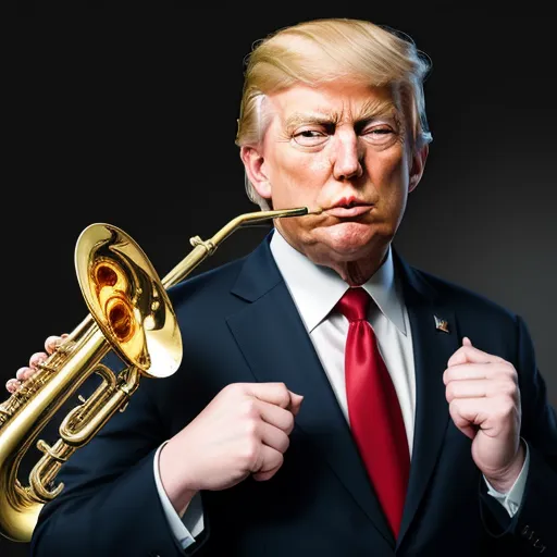 ai create image from text - a man in a suit and tie holding a trumpet in his mouth and a cigarette in his mouth with a trump face on it, by Hendrik van Steenwijk I