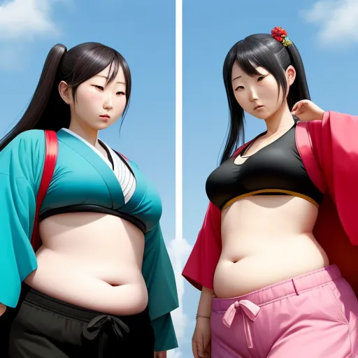 best image ai - two women in kimonos standing next to each other with their backs turned to the camera, with a blue sky in the background, by Terada Katsuya