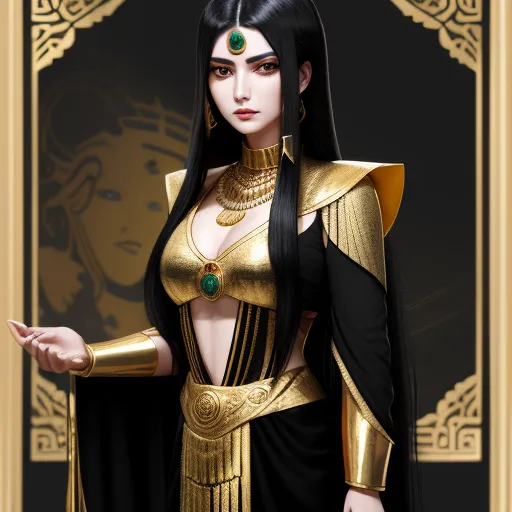 a woman dressed in a gold and black outfit with a green eye ring and a gold necklace and a gold and black outfit, by Chen Daofu
