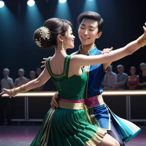 a couple of people that are dancing in a dance pose together on a stage with people in the background, by Chen Daofu