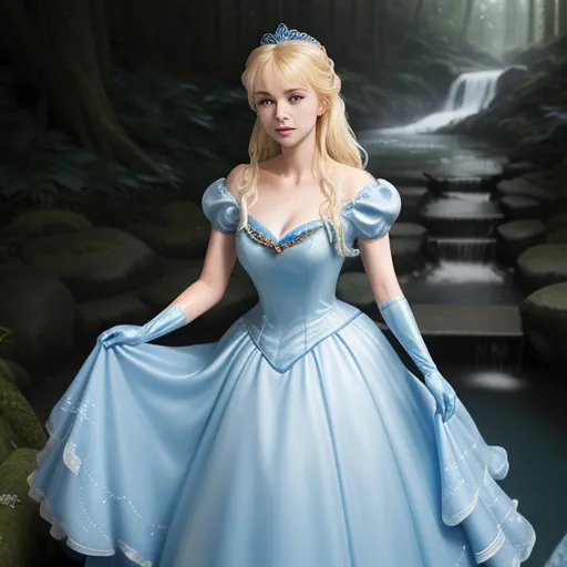 a woman in a blue dress standing in a forest with a waterfall in the background and a waterfall in the background, by Toei Animations