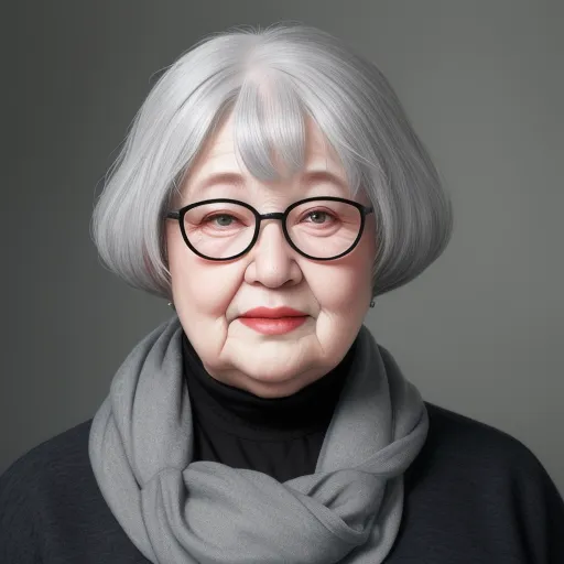 a woman with glasses and a scarf on her neck is posing for a picture in a studio setting with a gray background, by Yayoi Kusama