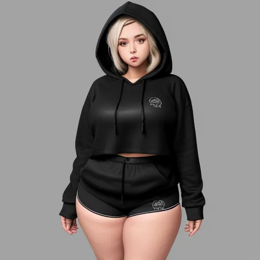 ai that creates any picture - a woman in a black hoodie and shorts with a hoodie on her head and a black top with a white logo, by Baiōken Eishun