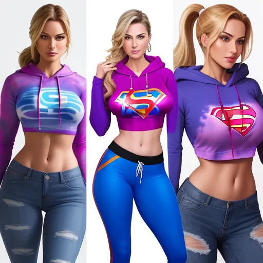 ai image editor - three women in different outfits with a superman hoodie on them and a superman logo on the hoodie, by Hendrik van Steenwijk I