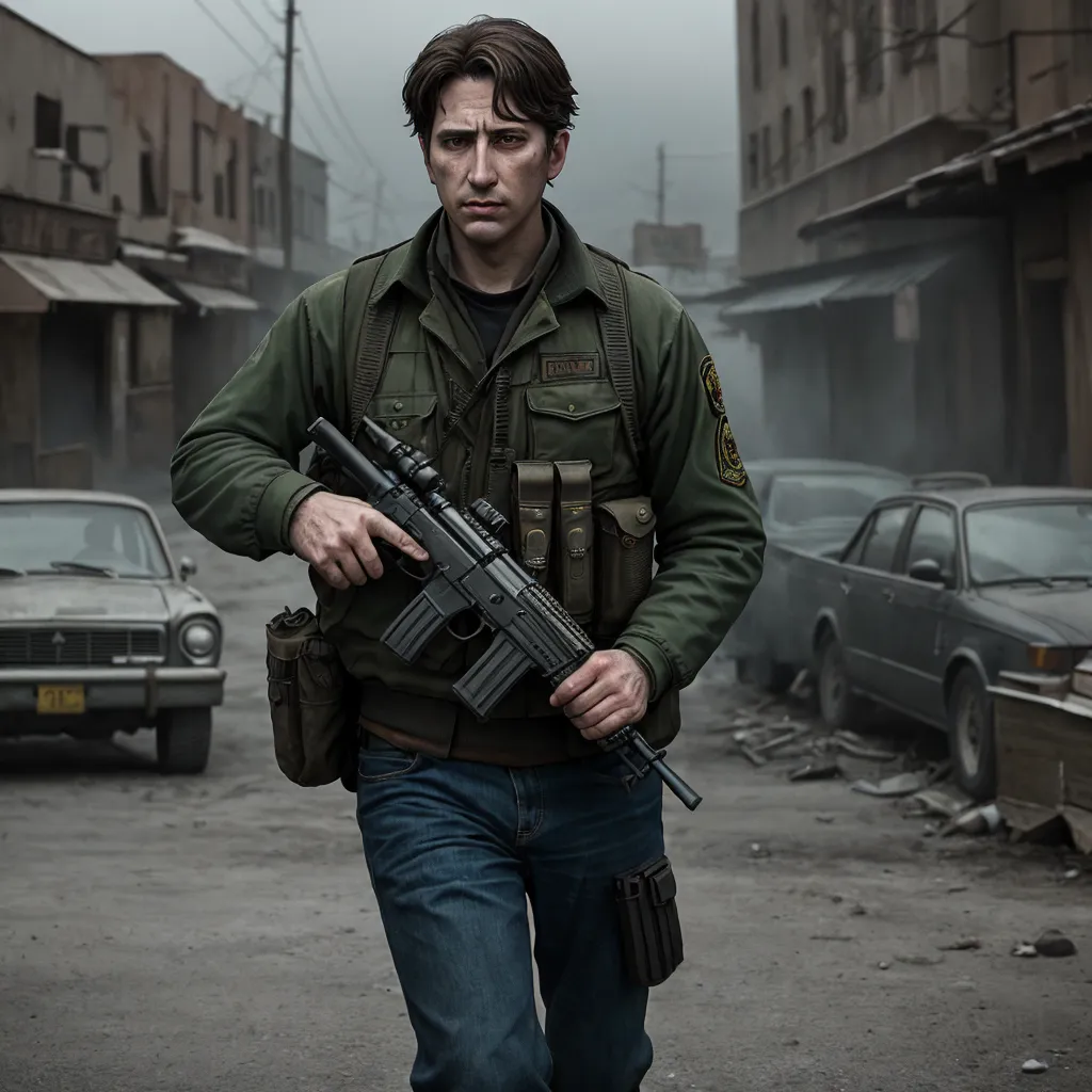 a man in a green jacket holding a gun and a gun in his hand while walking down a street, by Gregory Crewdson