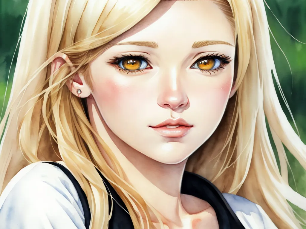 a digital painting of a blonde haired girl with blue eyes and a black vest on a green background with grass, by Daniela Uhlig