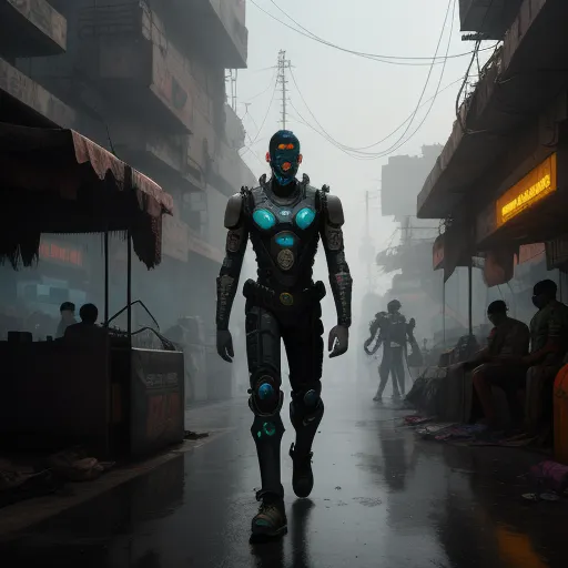 ai image creator from text - a man in a futuristic suit walking down a street in the rain with people sitting on the sidewalk behind him, by Jeff Simpson