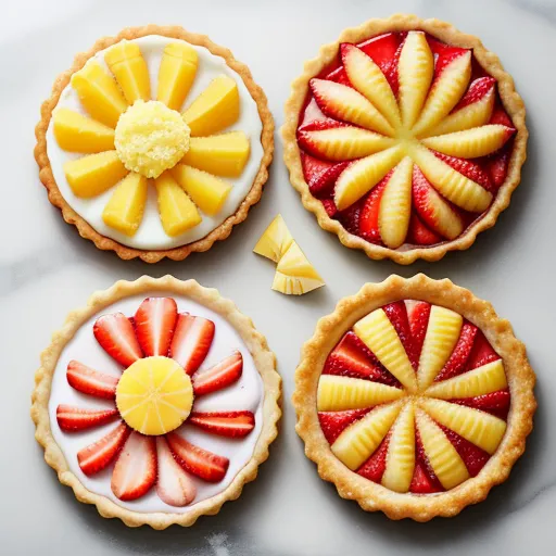 four pies with fruit on top of them on a table top with a piece of pineapple on top, by Emily Murray Paterson