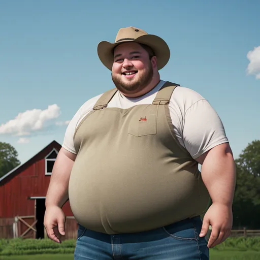 ai image upscaling - a man in a hat and overalls standing in front of a barn with a large belly and a big belly, by Botero