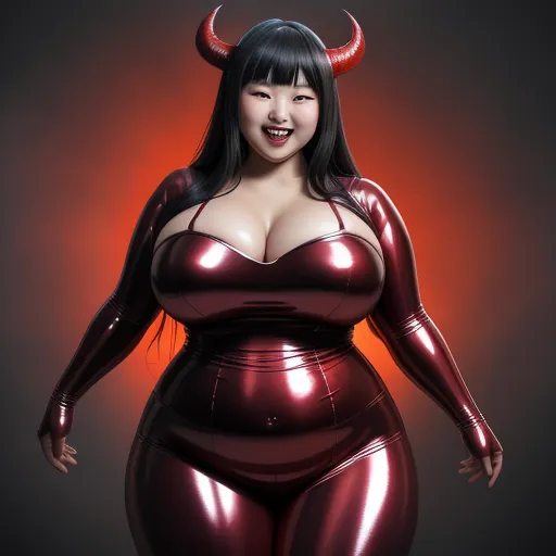 1080p to 4k converter - a woman in a shiny red outfit with horns on her head and a big breast, is smiling at the camera, by Terada Katsuya