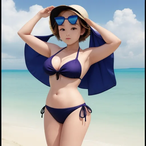 a woman in a bikini and hat on the beach with a blue umbrella over her head and a blue scarf around her neck, by Akira Toriyama