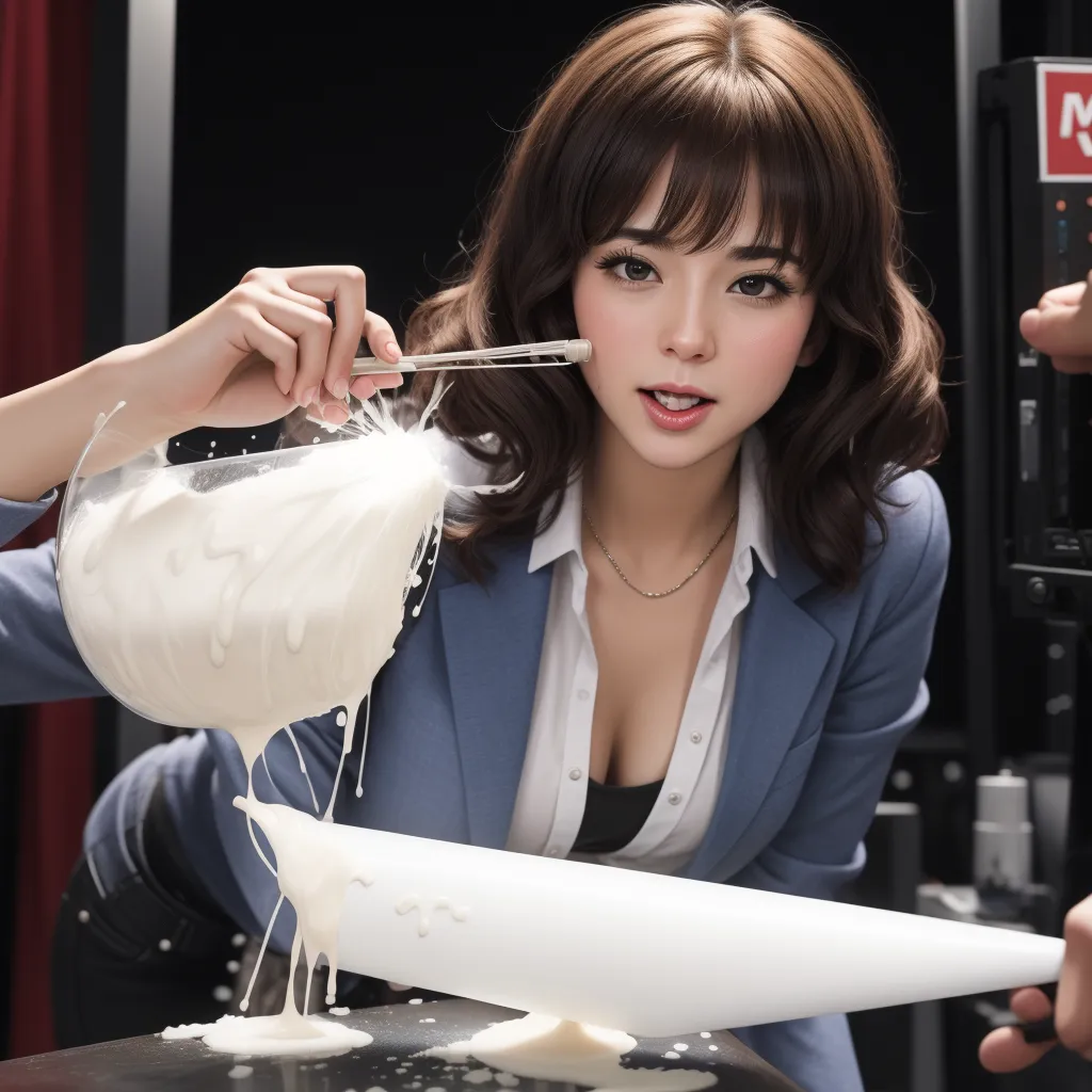 low quality images - a woman is pouring white liquid on a cake with a fork and knife in her hand while another woman is holding a knife, by Chen Daofu