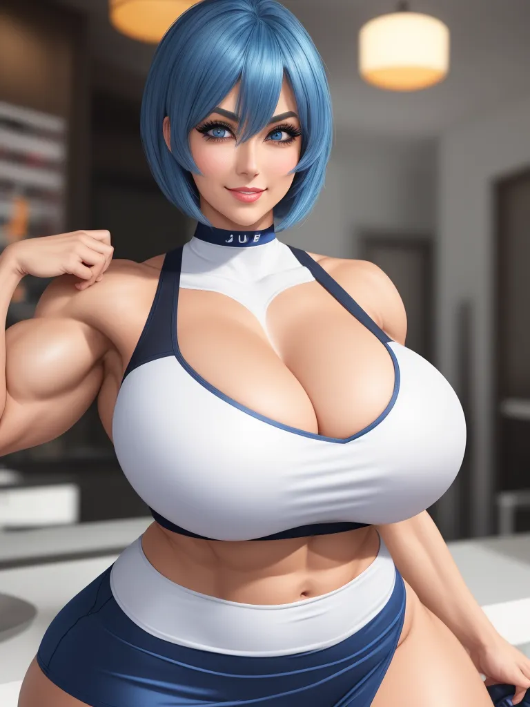 free high resolution images - a cartoon picture of a woman with blue hair and a bra top posing for a picture in a kitchen, by Toei Animations