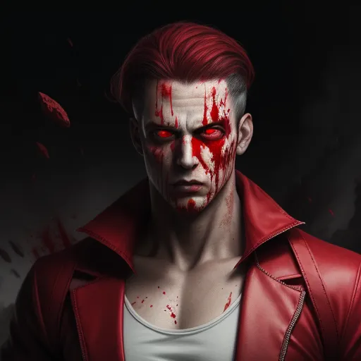 ai created images - a man with red paint on his face and red eyes, wearing a red leather jacket and white shirt, by François Quesnel