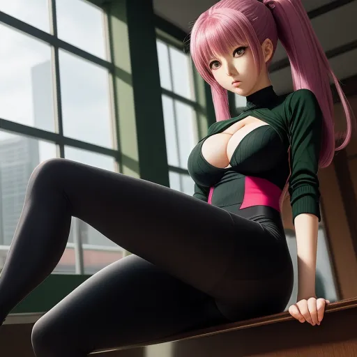 4k hd photo converter - a woman with pink hair and black pants sitting on a ledge in a room with large windows and a large window, by Hanabusa Itchō