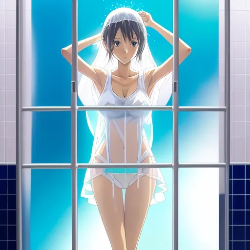 a woman in a white lingerie standing in front of a window with a blue tiled wall and a blue tiled wall, by Hiromu Arakawa