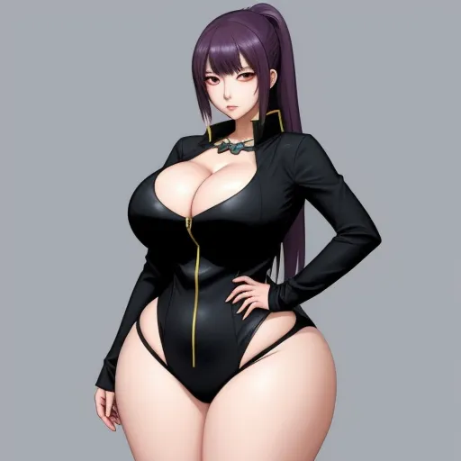 a very sexy woman in a black bodysuit with a big breast and a big breast, posing for a picture, by Hiromu Arakawa