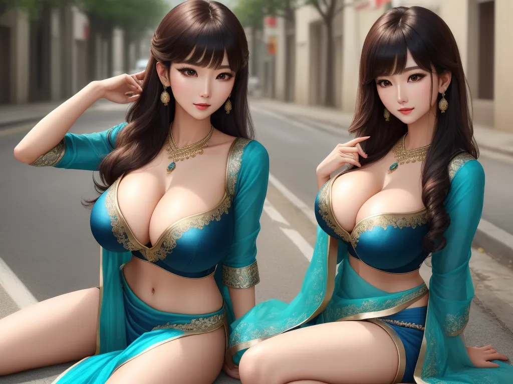 a 3d rendering of two women in lingerie outfits sitting on the street with their hands on their hips, by Chen Daofu