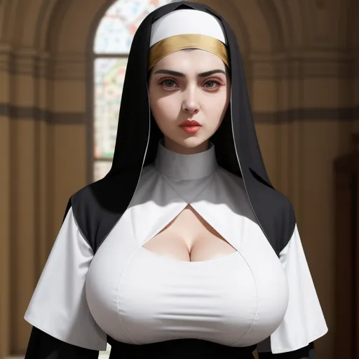 a woman dressed in a nun costume with a cross on her chest and a cross on her chest, standing in a church, by Terada Katsuya