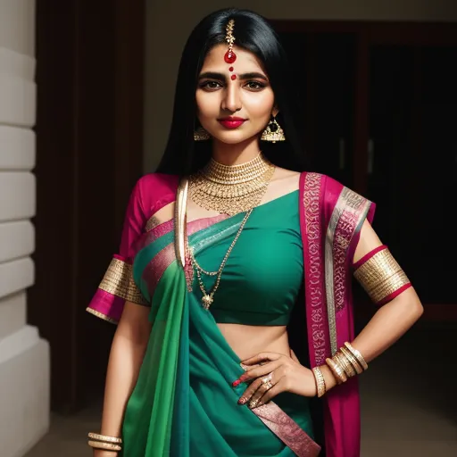ai generated images free - a woman in a green and pink sari with a gold necklace and matching jewelry on her neck and shoulder, by Raja Ravi Varma