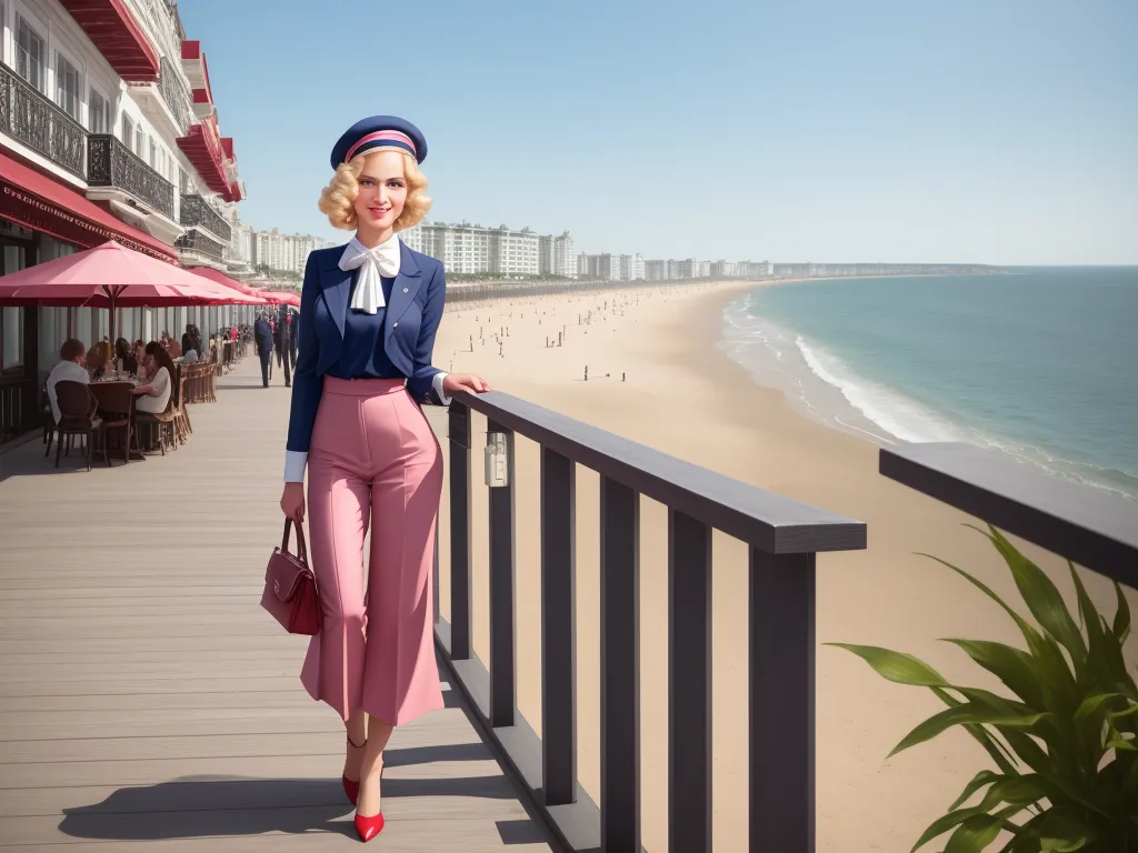 a woman standing on a balcony next to the ocean with a pink purse and a hat on her head, by Jeannette Guichard-Bunel