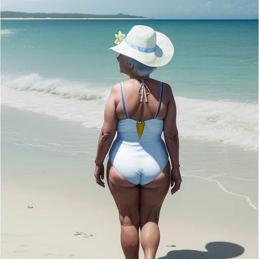 a woman in a white swimsuit and a hat walking on the beach with a blue sky and ocean in the background, by Alec Soth