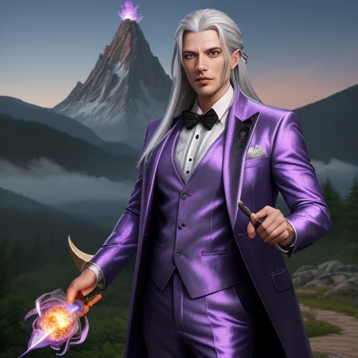 a man in a purple suit holding a magic wand and a crystal ball in his hand with a mountain in the background, by Sailor Moon