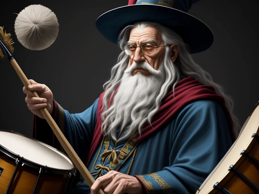 a wizard with a long white beard and a long white beard holding a drum and a stick in his hand, by Daniela Uhlig