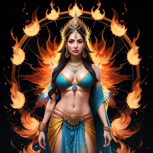 a woman in a blue and gold outfit with fire around her and a circle of fire behind her,, by Tom Bagshaw