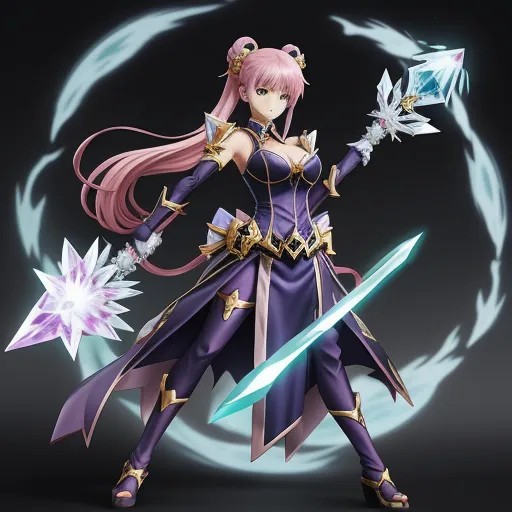 a woman in a purple outfit holding a sword and a star in her hand with a blue light shining on her arm, by Toei Animations