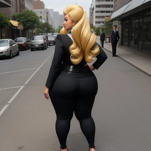 a woman in a black suit and a blonde wig standing on a street corner with cars parked on the side of the road, by Botero