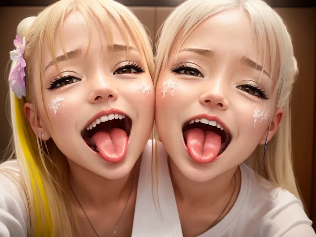 photo converter - two young girls with their mouths open and their faces painted white and showing their tongue out and their mouths open, by Terada Katsuya