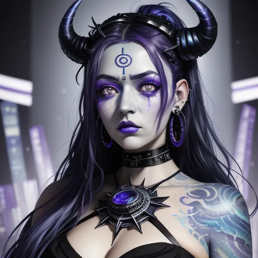 a woman with horns and a cross on her chest and a tattoo on her arm and chest, with a city in the background, by Lois van Baarle