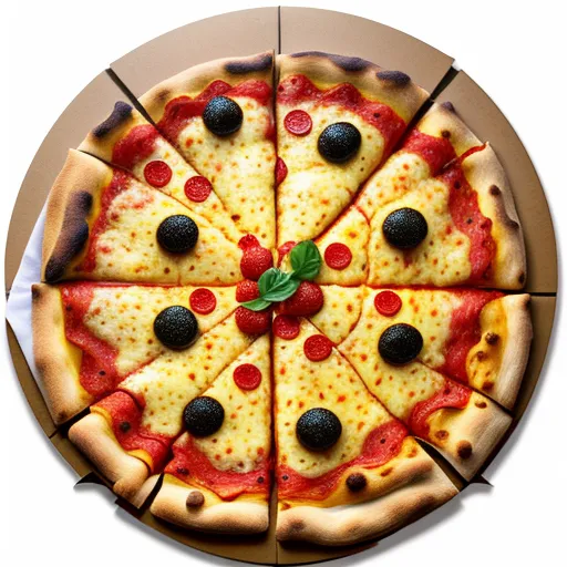 ai generated images from text - a pizza with several slices cut out of it with a green leaf on top of it and a few black olives on the bottom, by Leonardo Da Vinci