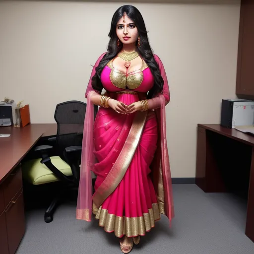 a woman in a pink and gold sari standing in an office cubicle with a computer desk and chair, by Hendrik van Steenwijk I