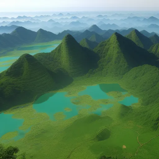 a green valley with a lake in the middle of it and mountains in the background with fog in the air, by Andreas Gursky