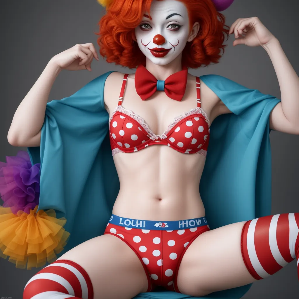 a woman in a clown costume with a clown mask on and a clown cape around her neck and a clown's head, by Daniela Uhlig