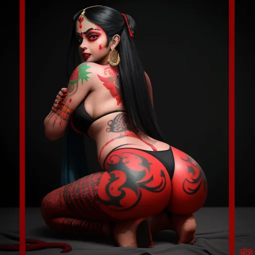 ai image upscaling - a woman with tattoos and a red frame around her body is posing for a picture in a black background, by Terada Katsuya