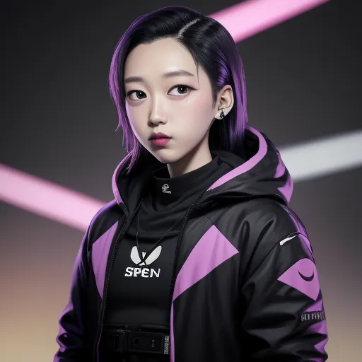make yourself a priority wallpaper - a woman with purple hair and a black jacket with a white spen logo on it and a pink and black background, by Terada Katsuya