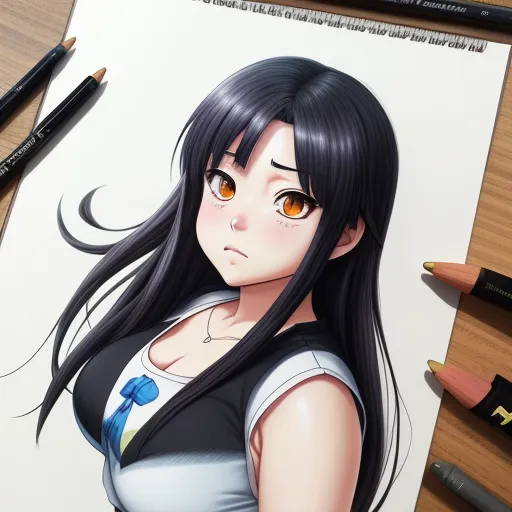 a drawing of a girl with long black hair and orange eyes, with a pencil in her hand and a pair of scissors nearby, by Hanabusa Itchō