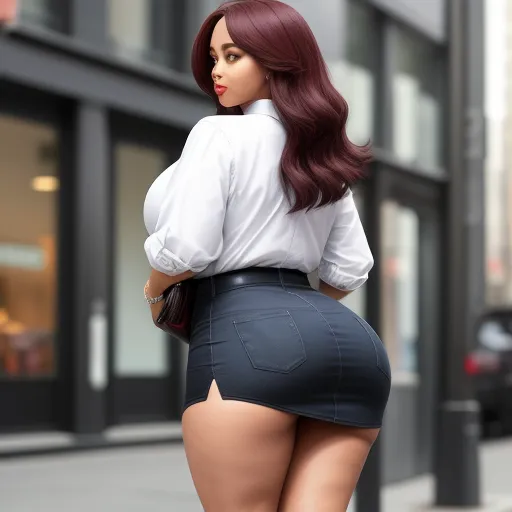 ai image upscaling - a woman in a skirt and heels is standing on the street with her back to the camera and her butt showing, by Botero