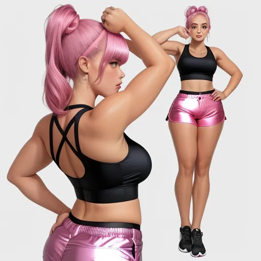 a woman with pink hair and a black top is posing for a picture in a pink outfit and shorts, by Hendrik van Steenwijk I