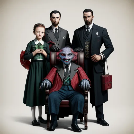 high resolution images - a man sitting in a chair with two children and a man in a suit and tie standing next to him, by Terada Katsuya